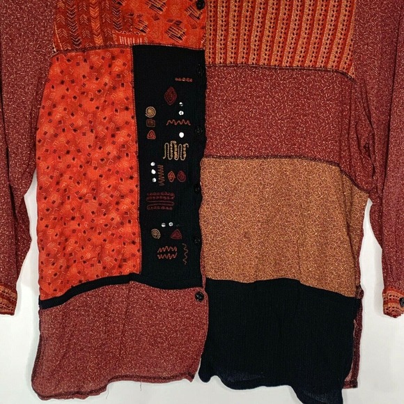 Nada Valley Womens Button Front Top Plus Size 2X Burgundy Black Patchwork - Picture 3 of 11